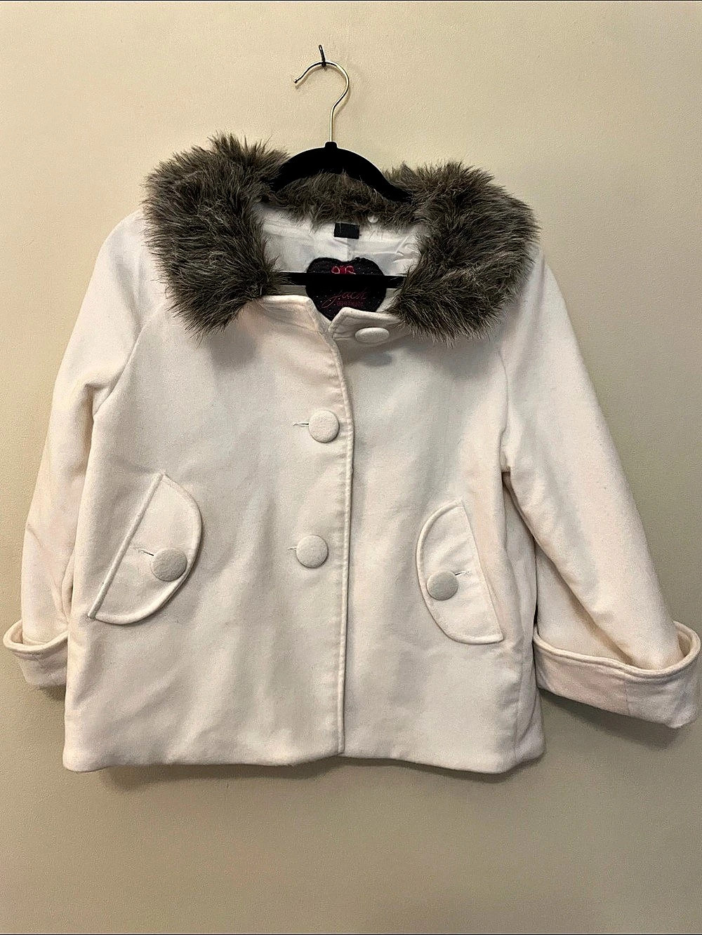 Ivory felt Jacket Faux Fur Collar Size Medium